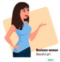 Young cartoon business woman in office style clothes showing something. Royalty Free Stock Photo